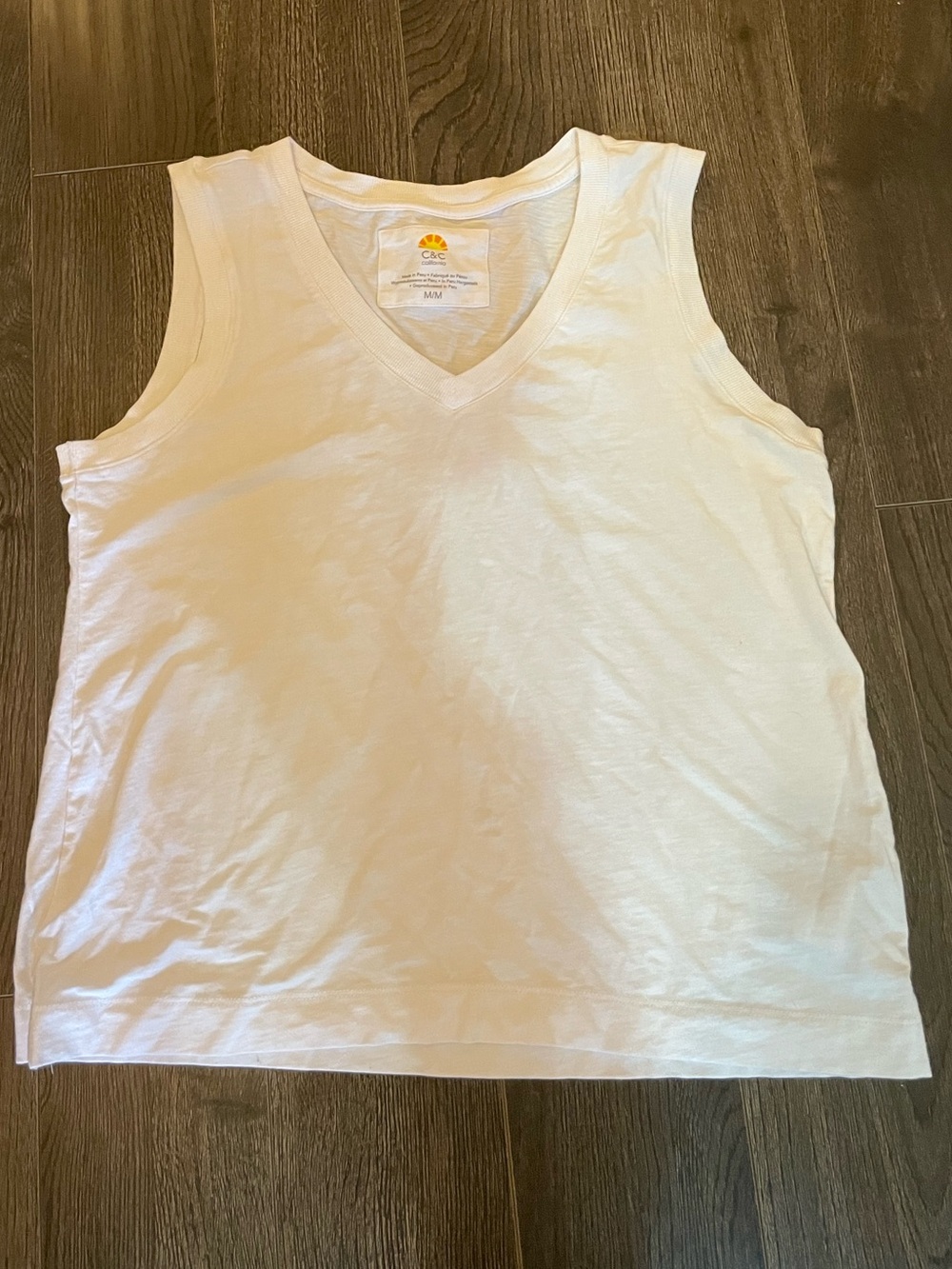 C&C California White V-Neck Tee with Orange and Yellow Sunrise Logo